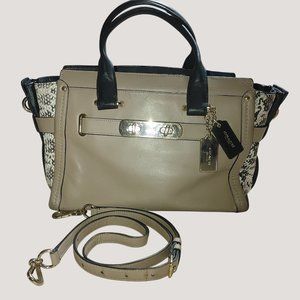 Coach swagger Leather Snake Print Satchel Handbag Adjustable Strap Beige Black